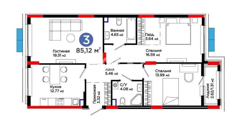 Продажа 3-комнатной квартиры, 85.12 м² - Продажа трехкомнатных квартир в блочном доме в Казахстане - страница 44 фото 1 из 1
