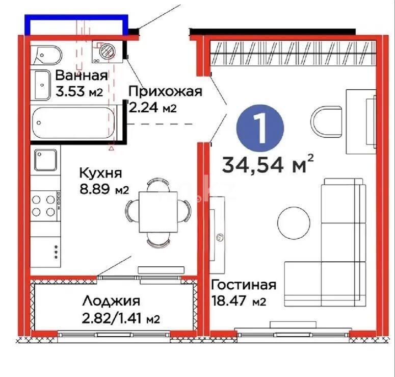 Продажа 1-комнатной квартиры, 34.54 м² - Продажа однокомнатных квартир в р-не Нура Астаны - страница 42 фото 1 из 1