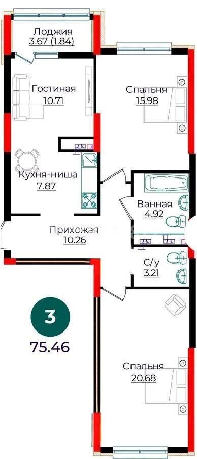 Продажа 3-комнатной квартиры, 75.46 м² - Продажа квартир в Казахстане - страница 3 фото 1 из 1