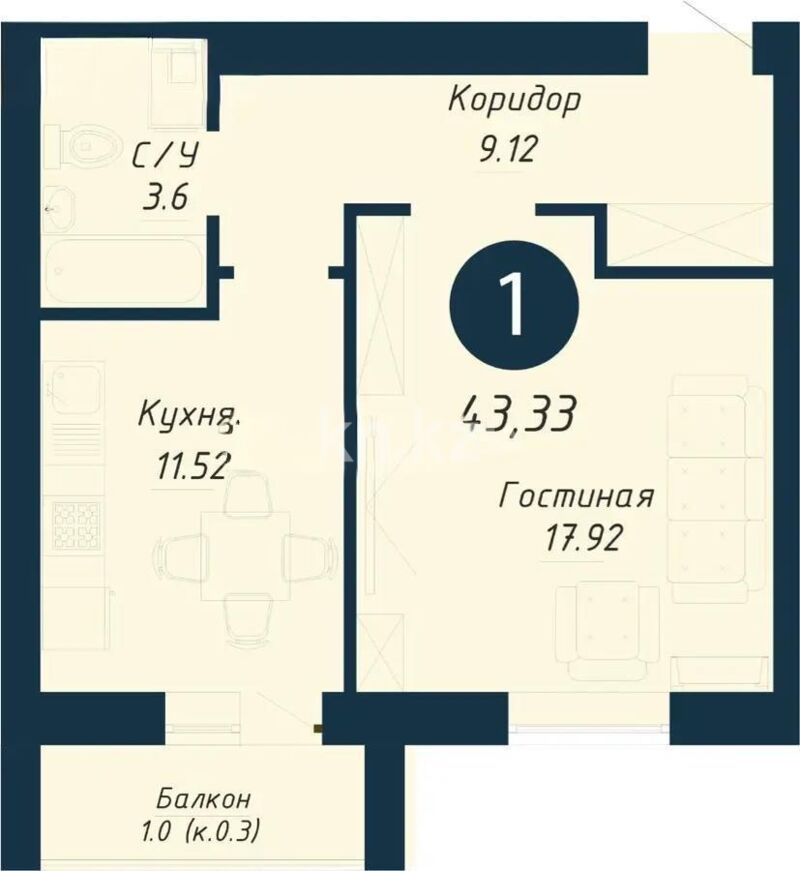Продажа 1-комнатной квартиры, 43.33 м² - Продажа квартир в Астане - страница 6 фото 1 из 1