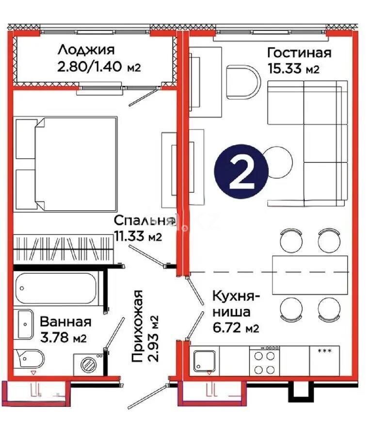 Продажа 2-комнатной квартиры, 41.48 м² - Продажа квартир в р-не Нура Астаны фото 3 из 3