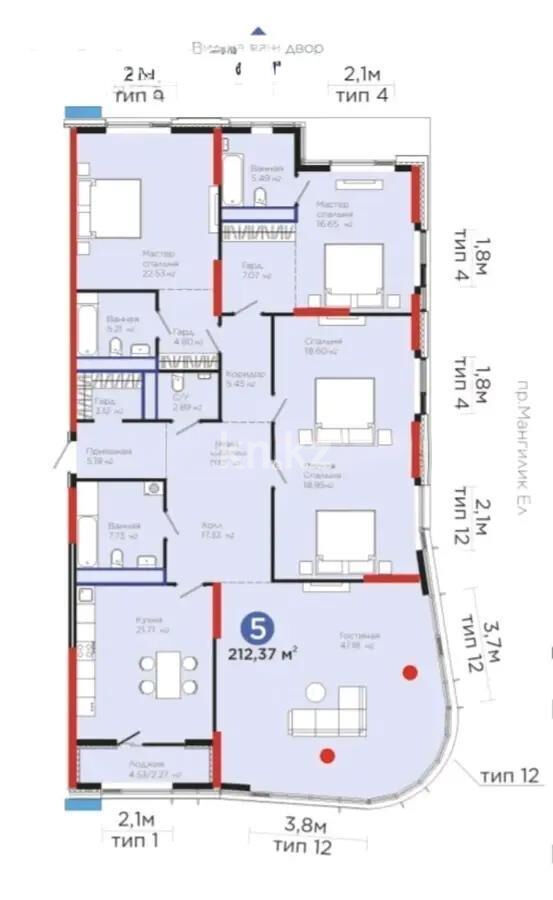 Продажа 5-комнатной квартиры, 212.37 м² - Продажа пятикомнатных и более квартир в монолитно-каркасном доме в Астане - страница 2 фото 4 из 4
