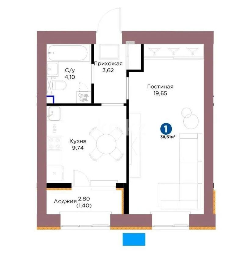 Продажа 1-комнатной квартиры, 38.51 м² - Продажа однокомнатных квартир в Казахстане - страница 24 фото 1 из 1