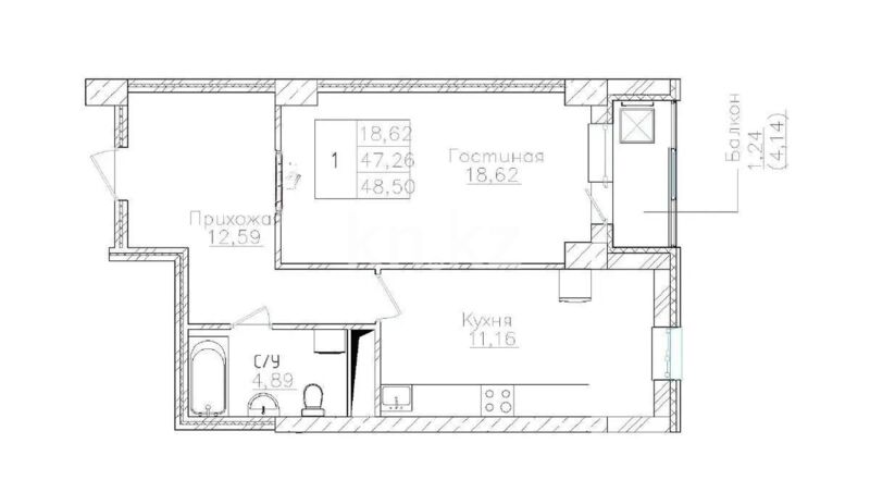 Продажа 1-комнатной квартиры, 48.5 м² - Продажа однокомнатных квартир в блочном доме в Казахстане - страница 41 фото 1 из 1
