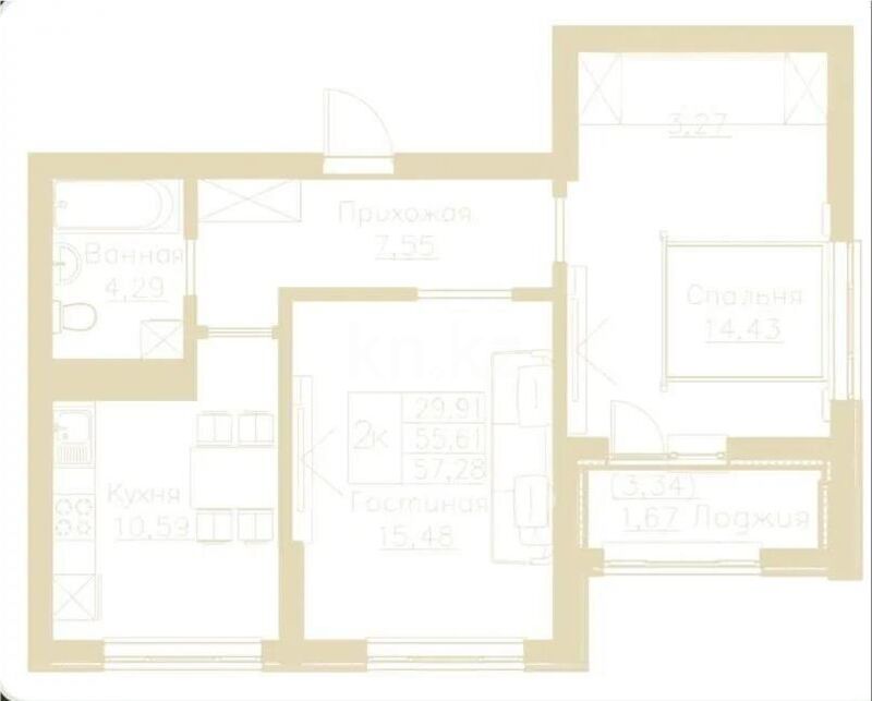 Продажа 2-комнатной квартиры, 57.28 м² - Продажа двухкомнатных квартир в кирпичном доме в Астане фото 1 из 1