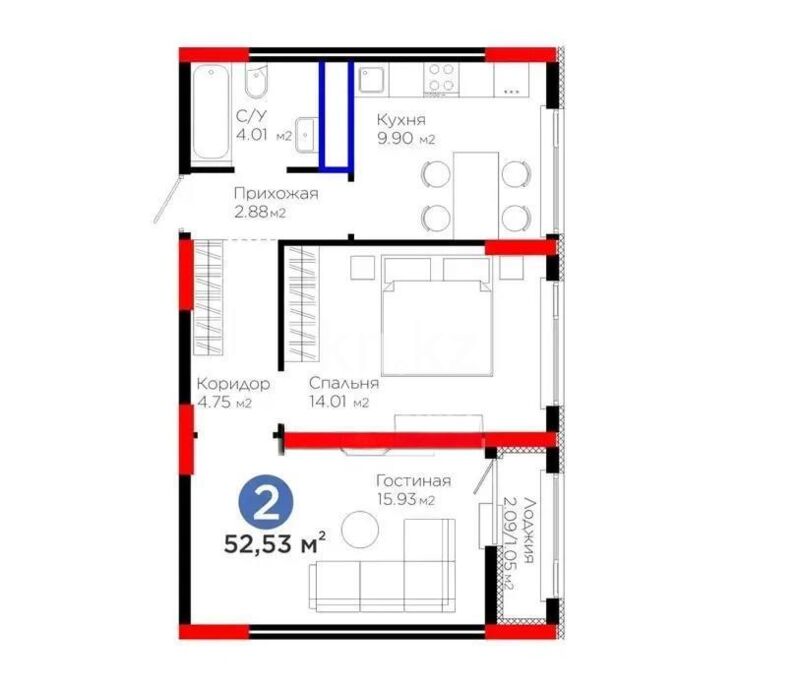 Продажа 2-комнатной квартиры, 52.59 м² - Продажа квартир в монолитно-каркасном доме в Астане - страница 115 фото 1 из 1
