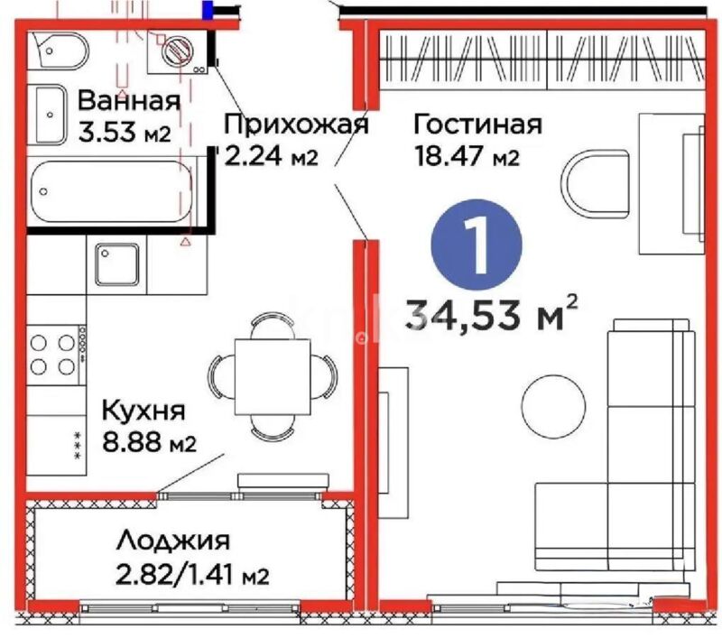 Продажа 1-комнатной квартиры, 34.53 м² - Продажа однокомнатных квартир в монолитно-каркасном доме в Казахстане - страница 123 фото 1 из 1