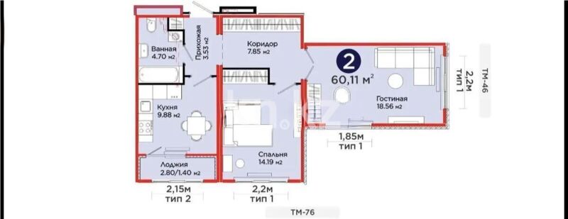 Продажа 2-комнатной квартиры, 60.11 м² - Продажа двухкомнатных квартир в Казахстане - страница 10 фото 1 из 1