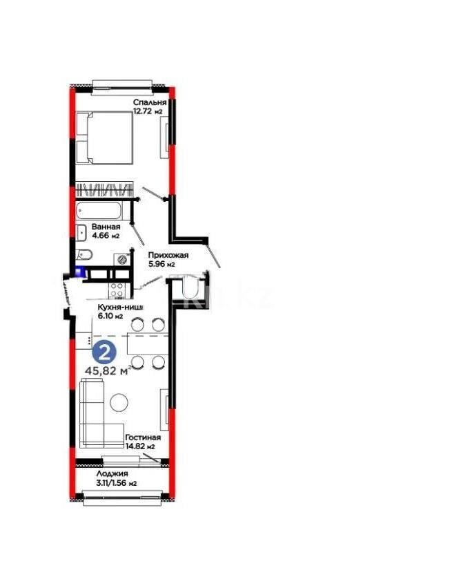 Продажа 2-комнатной квартиры, 45.82 м² - Продажа двухкомнатных квартир в монолитно-каркасном доме в Астане - страница 33 фото 1 из 1