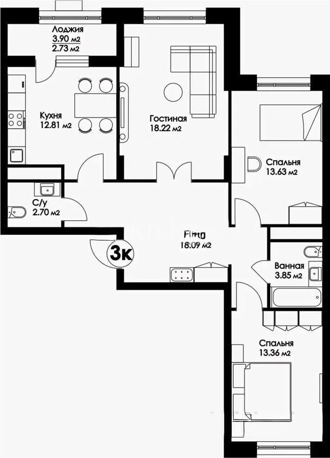 Продажа 3-комнатной квартиры, 85.39 м² - Продажа трехкомнатных квартир в блочном доме в Казахстане - страница 42 фото 1 из 1