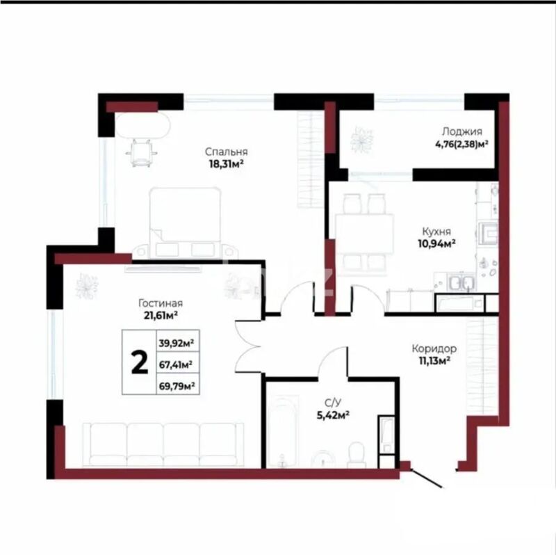 Продажа 2-комнатной квартиры, 69.79 м² - Продажа двухкомнатных квартир в блочном доме в Казахстане - страница 69 фото 4 из 4