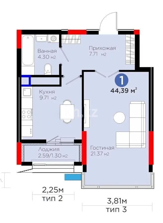 Продажа 1-комнатной квартиры, 44.3 м² - Продажа однокомнатных квартир в р-не Есиль Астаны - страница 24 фото 1 из 1