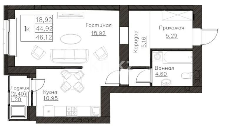 Продажа 1-комнатной квартиры, 46.3 м² - Продажа однокомнатных квартир в р-не Сарайшык Астаны - страница 12 фото 1 из 1