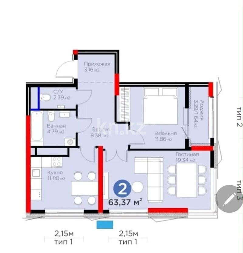 Продажа 2-комнатной квартиры, 64 м² - Продажа квартир в монолитно-каркасном доме в Казахстане - страница 37 фото 1 из 1