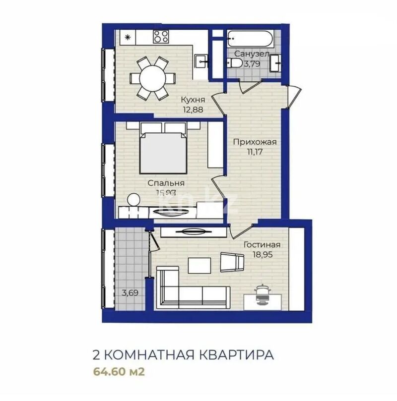 Продажа 2-комнатной квартиры, 64.7 м² - Продажа двухкомнатных квартир в блочном доме в Казахстане - страница 72 фото 1 из 1