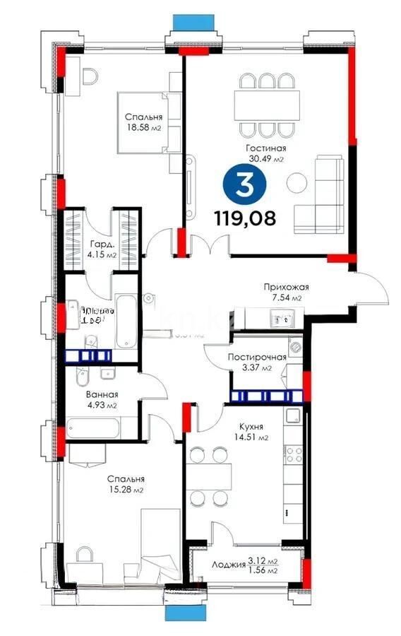 Продажа 3-комнатной квартиры, 119.08 м² - Продажа трехкомнатных квартир в блочном доме в Казахстане - страница 54 фото 1 из 1