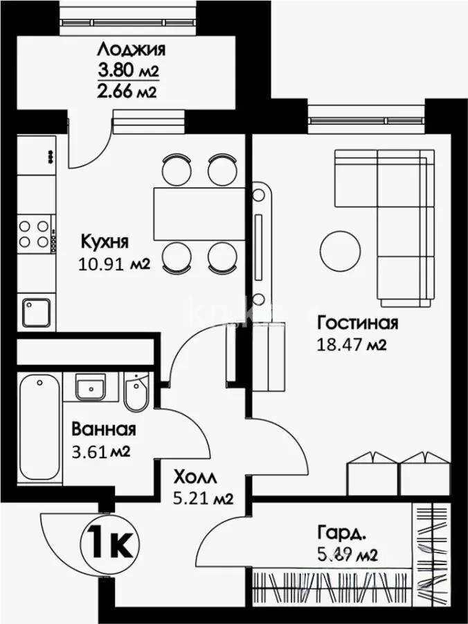 Продажа 1-комнатной квартиры, 45.62 м² - Продажа однокомнатных квартир в блочном доме в Казахстане - страница 46 фото 1 из 1
