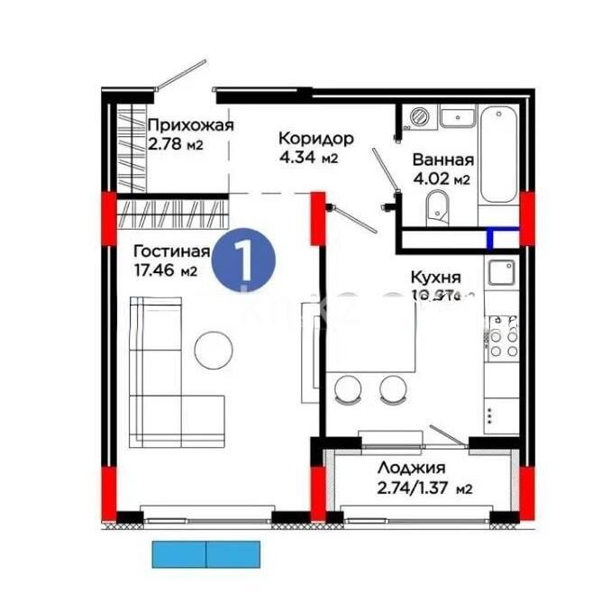 Продажа 1-комнатной квартиры, 40.64 м² - Продажа однокомнатных квартир в р-не Нура Астаны - страница 24 фото 1 из 1