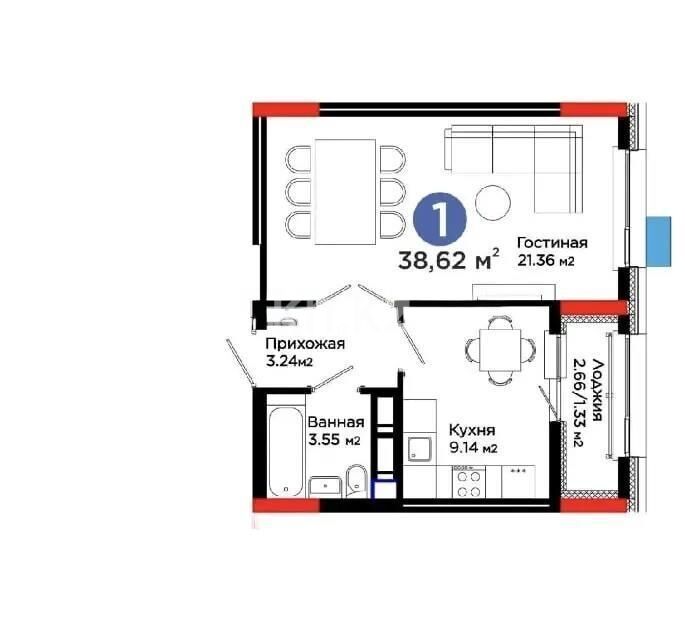 Продажа 1-комнатной квартиры, 38.62 м² - Продажа однокомнатных квартир в монолитном доме в Казахстане - страница 7 фото 1 из 1