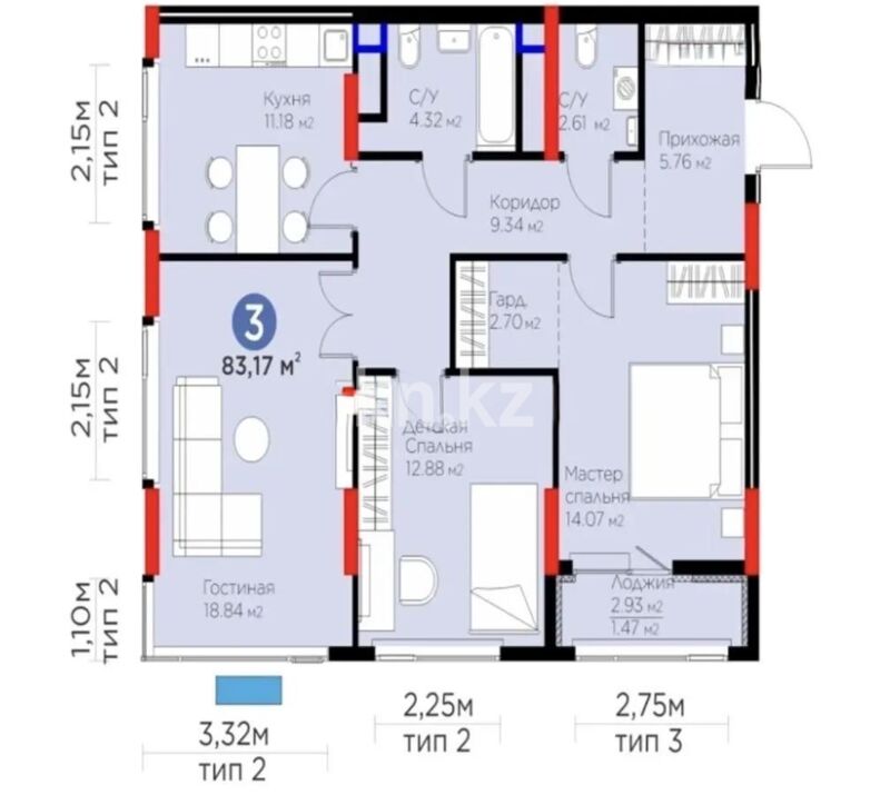 Продажа 3-комнатной квартиры, 83.17 м² - Продажа квартир в монолитно-каркасном доме в Астане - страница 101 фото 1 из 1