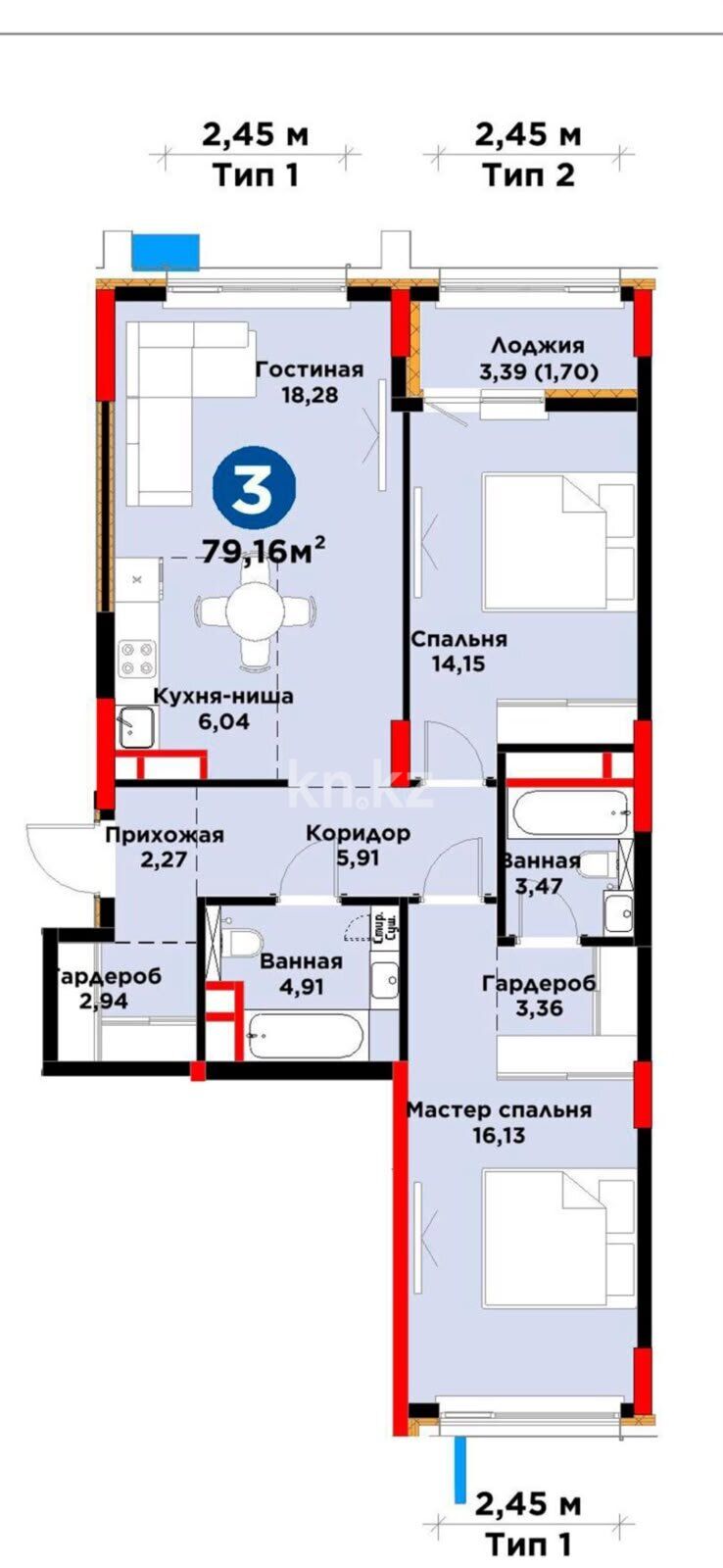 Продажа 3-комнатной квартиры, 80 м² - Аренда квартир помесячно в Павлодаре фото 2 из 3
