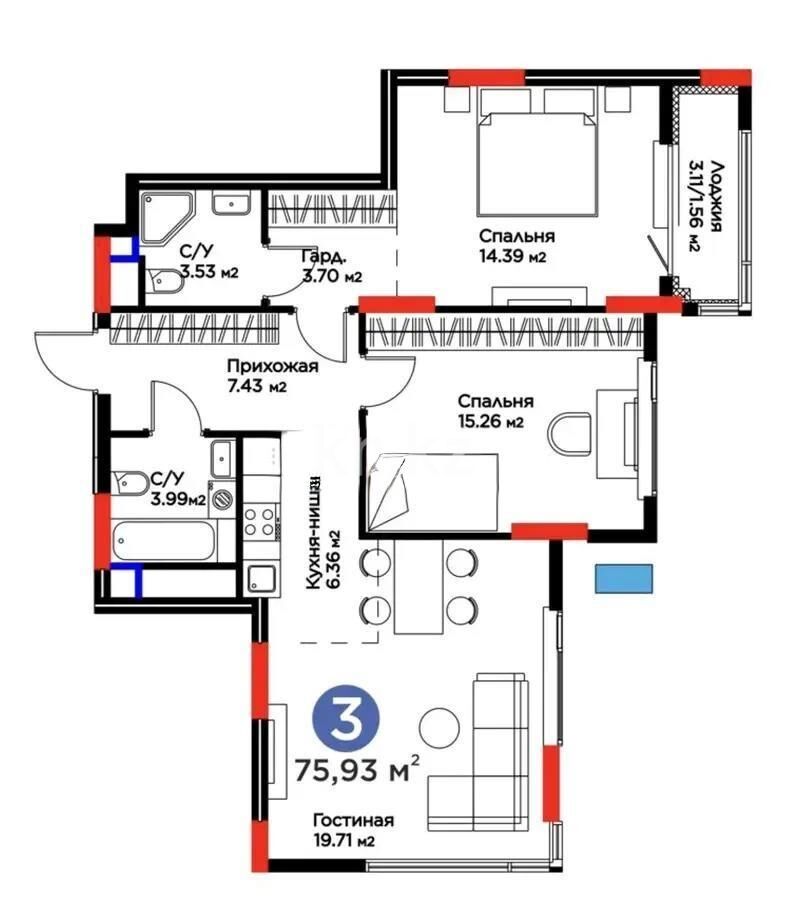 Продажа 3-комнатной квартиры, 75.93 м² - Продажа квартир в монолитно-каркасном доме в Астане - страница 114 фото 1 из 1