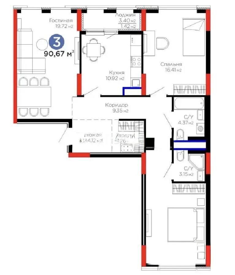 Продажа 3-комнатной квартиры, 90.67 м² - Продажа  трехкомнатных квартир в новостройках Астаны - страница 3 фото 1 из 1