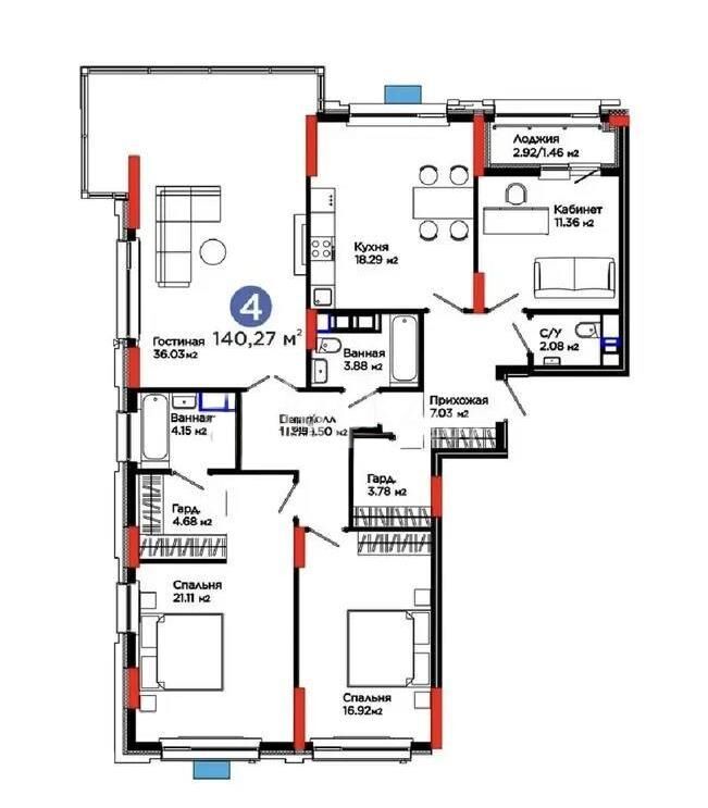 Продажа 4-комнатной квартиры, 140.2 м² - Продажа четырехкомнатных квартир в блочном доме в Казахстане - страница 10 фото 1 из 1