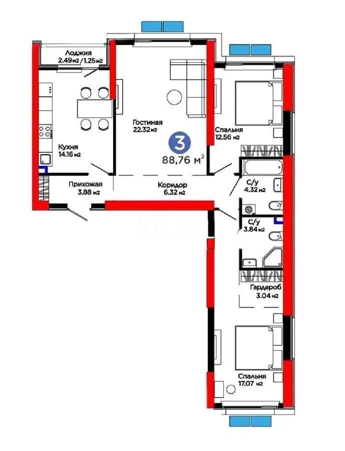 Продажа 3-комнатной квартиры, 89 м² - Продажа трехкомнатных квартир в монолитном доме в Алматы - страница 2 фото 2 из 2