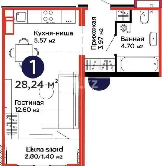 Продажа 1-комнатной квартиры, 28.2 м² - Продажа однокомнатных квартир в р-не Есиль Астаны - страница 25 фото 1 из 1