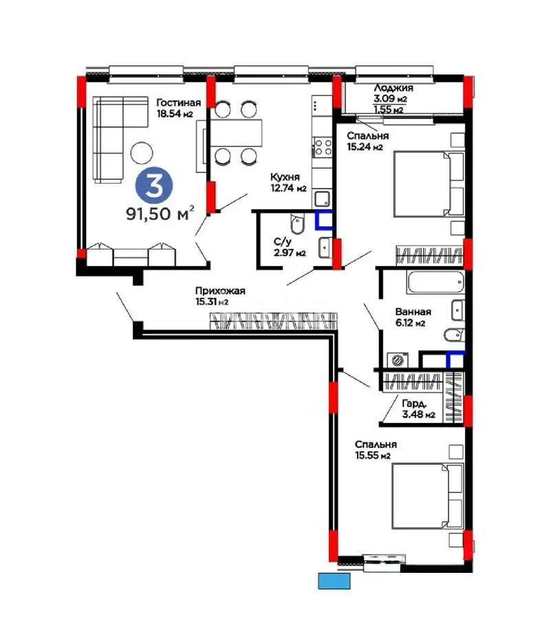 Продажа 3-комнатной квартиры, 91 м² - Продажа квартир в монолитно-каркасном доме в Караганде фото 1 из 1