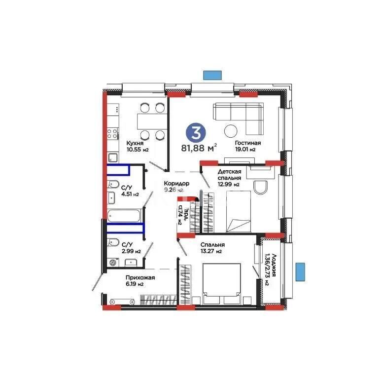 Продажа 3-комнатной квартиры, 81 м² - Продажа трехкомнатных квартир в блочном доме в Казахстане фото 1 из 1