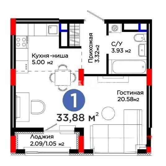 Продажа 1-комнатной квартиры, 33.88 м² - Продажа  однокомнатных квартир в новостройках Астаны - страница 5 фото 1 из 1