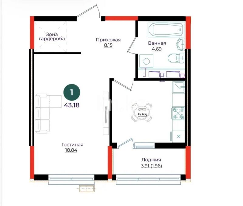 Продажа 1-комнатной квартиры, 43.18 м² - Продажа однокомнатных квартир в р-не Сарыарка Астаны - страница 12 фото 1 из 1