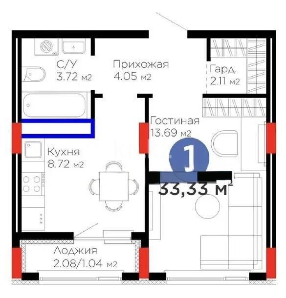 Продажа 1-комнатной квартиры, 33.33 м² - Продажа однокомнатных квартир в монолитно-каркасном доме в Казахстане - страница 126 фото 1 из 1