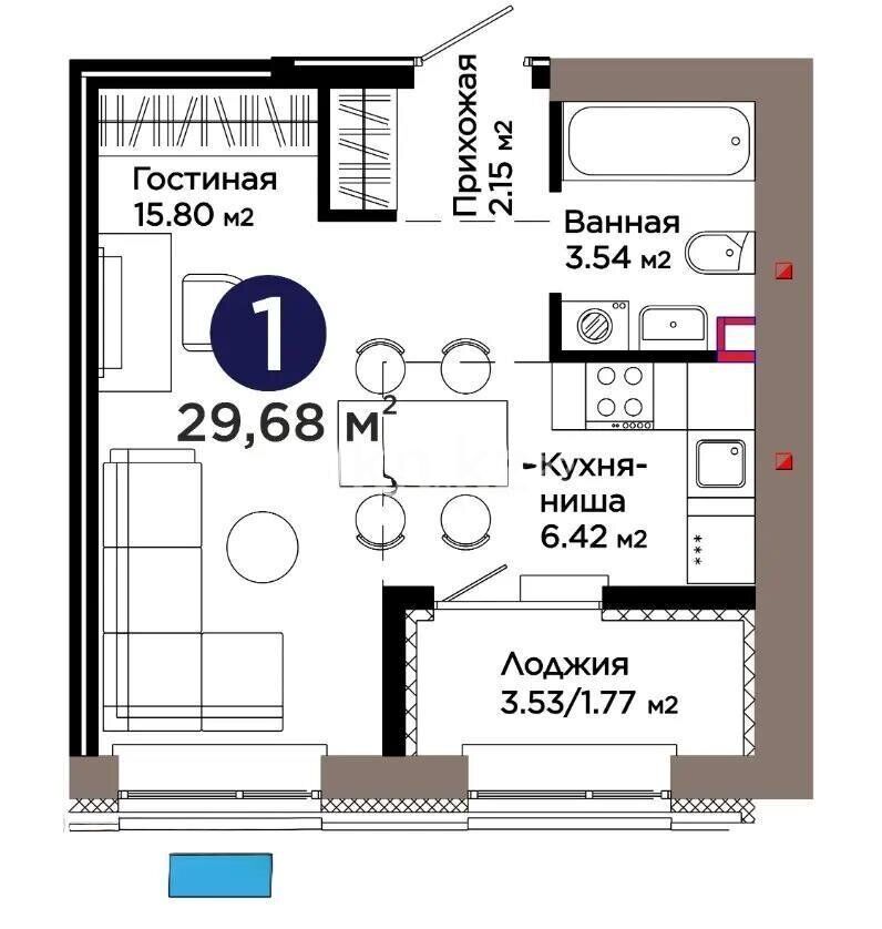 Продажа 1-комнатной квартиры, 29.68 м² - Продажа однокомнатных квартир в Астане - страница 2 фото 1 из 1