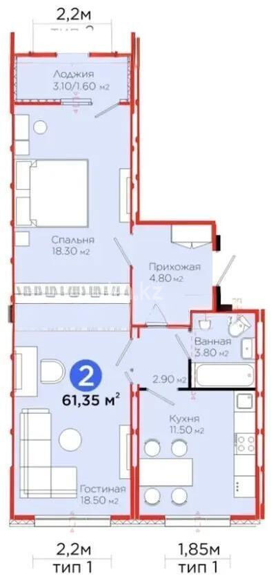 Продажа 2-комнатной квартиры, 61.35 м² - Продажа квартир в монолитном доме в Астане - страница 3 фото 2 из 2