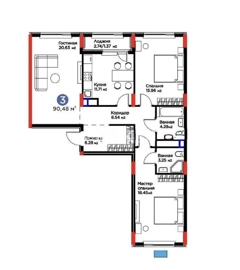 Продажа 3-комнатной квартиры, 90.48 м² - Продажа квартир в Казахстане - страница 21 фото 1 из 1