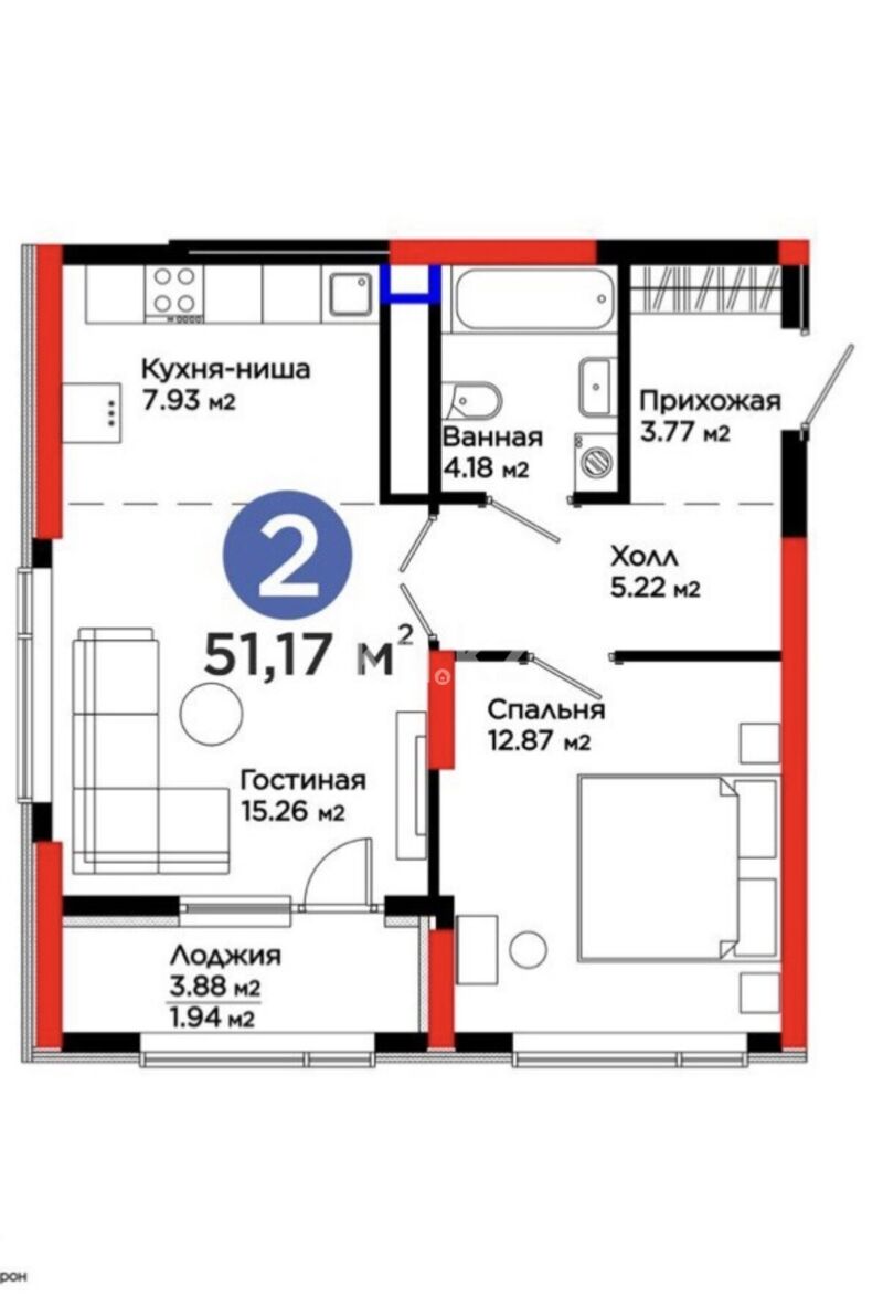 Продажа 2-комнатной квартиры, 51.1 м² - Продажа двухкомнатных квартир в монолитном доме в Астане фото 9 из 20