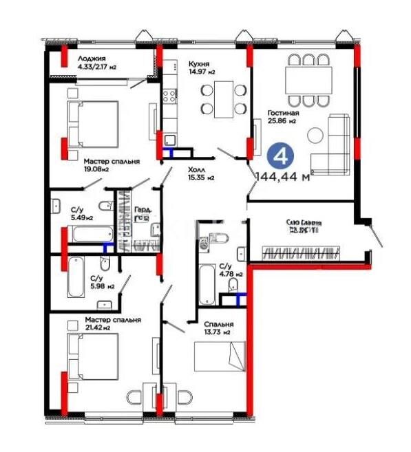 Продажа 4-комнатной квартиры, 145 м² - Продажа четырехкомнатных квартир в монолитно-каркасном доме в Казахстане фото 1 из 1
