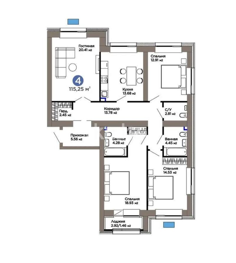 Продажа 4-комнатной квартиры, 115.25 м² - Продажа четырехкомнатных квартир в кирпичном доме в Казахстане - страница 19 фото 1 из 1