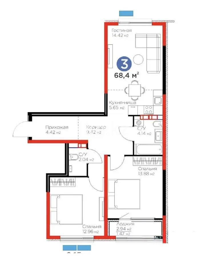 Продажа 3-комнатной квартиры, 68.4 м² - Продажа квартир в Казахстане - страница 2 фото 1 из 1