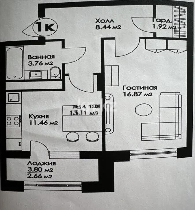 Продажа 1-комнатной квартиры, 45.11 м² - Продажа однокомнатных квартир в блочном доме в Казахстане - страница 8 фото 1 из 1