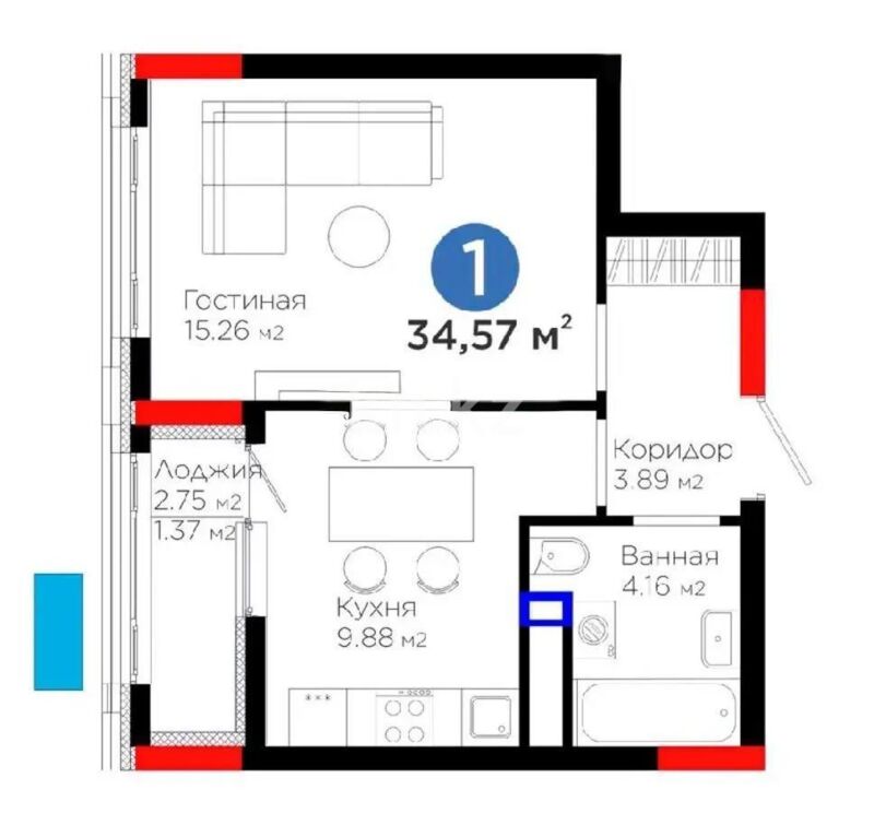 Продажа 1-комнатной квартиры, 34.57 м² - Продажа однокомнатных квартир в блочном доме в Астане фото 1 из 1