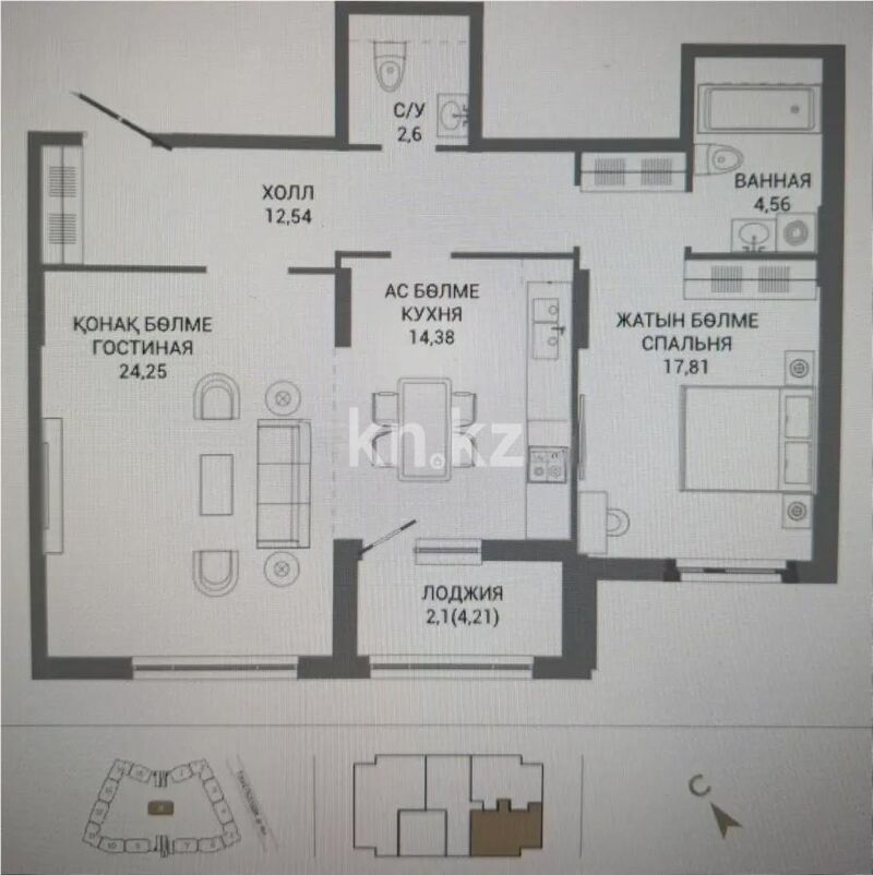 Продажа 3-комнатной квартиры, 78.24 м² - Продажа трехкомнатных квартир в монолитно-каркасном доме в Казахстане - страница 82 фото 1 из 1