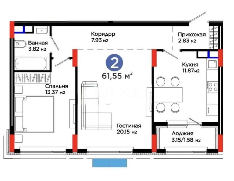Продажа 2-комнатной квартиры, 61.55 м² - Продажа двухкомнатных квартир в блочном доме в Казахстане - страница 57 фото 1 из 1