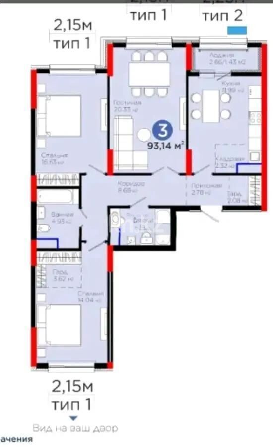 Продажа 3-комнатной квартиры, 93.14 м² - Продажа трехкомнатных квартир в монолитном доме в Казахстане - страница 6 фото 1 из 1