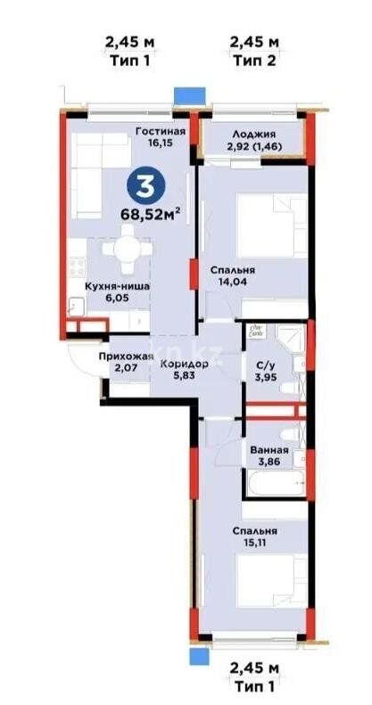 Продажа 3-комнатной квартиры, 70 м² - Продажа трехкомнатных квартир в монолитно-каркасном доме в Казахстане - страница 5 фото 1 из 1