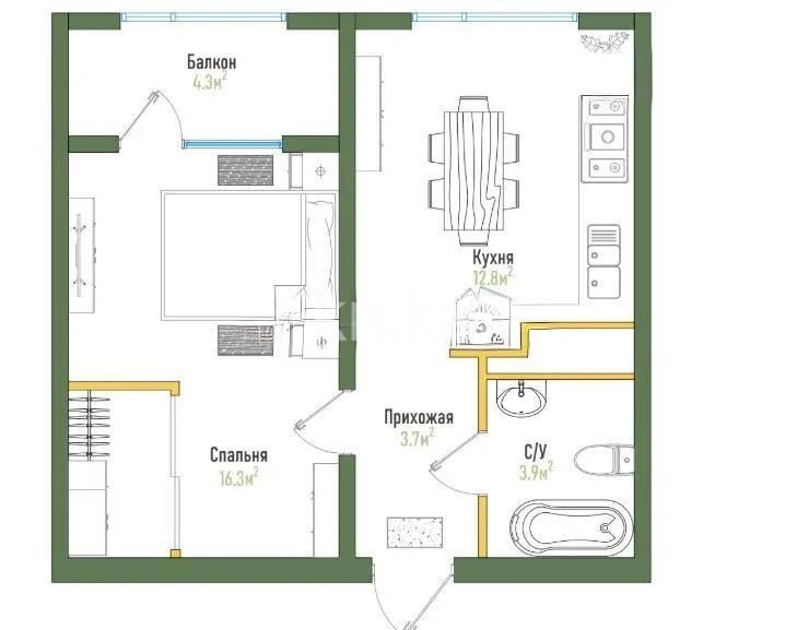 Продажа 1-комнатной квартиры, 43.4 м² - Продажа однокомнатных квартир в кирпичном доме в Алматы - страница 12 фото 1 из 1