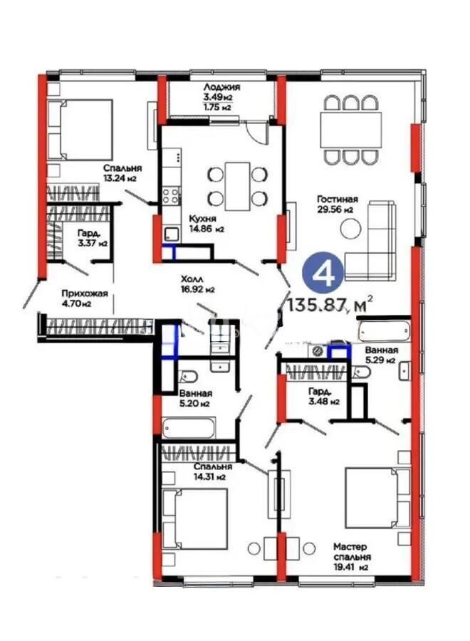 Продажа 4-комнатной квартиры, 135.87 м² - Продажа четырехкомнатных квартир в кирпичном доме в Казахстане - страница 21 фото 1 из 1